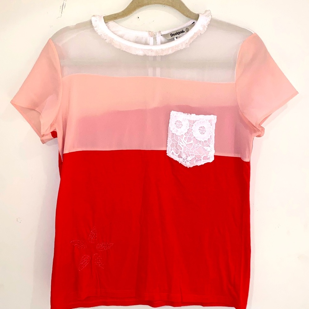 Desigual colorblock sheer top fringe neck coral peach pink white tee Sz S